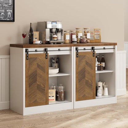 Catrimown Farmhouse Small Coffee Bar Cabinet with Storage, White Coffee Bar Table with Sliding Barn Door, Adjustable Shelves, Bar Cabinet for Kitchen, Dining Living Room, 1 Pack