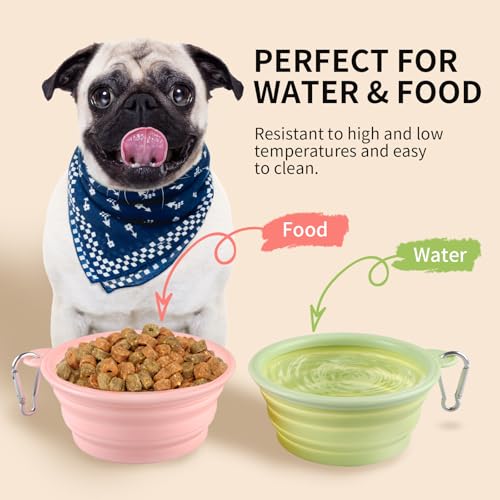Collapsible Dog Bowls 2-Pack, Portable Travel Dog Bowl with Carabiner, Food-Grade Silicone Pet Bowl for Hiking, Walking (Macaron Pink and Green) - color: 12 OZ Macaron Pink and Green