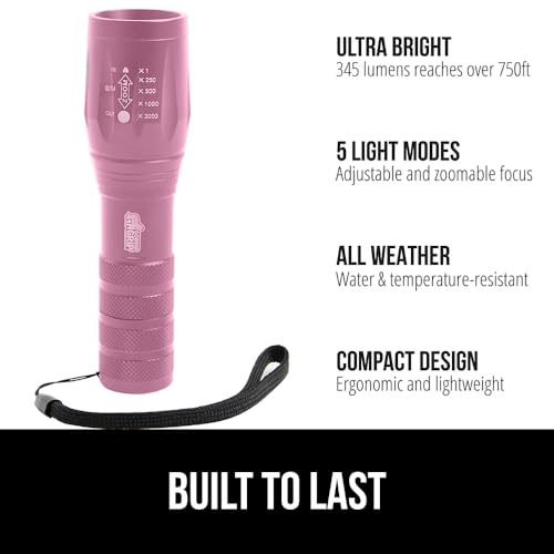 GORILLA GRIP Powerful LED 750 FT Water Resistant 5 Adjustable Mode Tactical Flashlight, High Lumens Ultra Bright Battery Life Zoom Flashlights, Small Camping Car Mini Flash Light Accessories, Pink - color: Pink