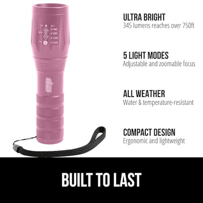GORILLA GRIP Powerful LED 750 FT Water Resistant 5 Adjustable Mode Tactical Flashlight, High Lumens Ultra Bright Battery Life Zoom Flashlights, Small Camping Car Mini Flash Light Accessories, Pink - color: Pink