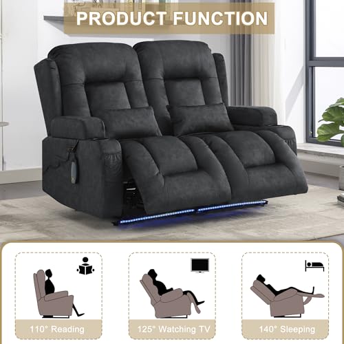 URRED Power Loveseat Recliner Sofa with Massage and Heat, Wall Hugger Reclining Loveseat, RV Couch Home Theater Seating with LED Lights for Living Room (Dark Grey, 54" - 2 Seats) - color: Dark Grey, size: 54" - 2 Seats