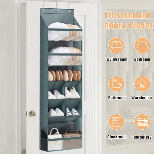 Over the Door Organizer with 6 Tiers & 11 Pockets – Multi-Purpose Hanging Door Organizer with Clear Pockets, Heavy Duty Space-Saving Closet Storage, Fits Shoes Hats Bags, Tool-Free Installation, Grey