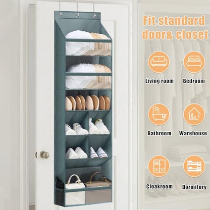 Over the Door Organizer with 6 Tiers & 11 Pockets – Multi-Purpose Hanging Door Organizer with Clear Pockets, Heavy Duty Space-Saving Closet Storage, Fits Shoes Hats Bags, Tool-Free Installation, Grey