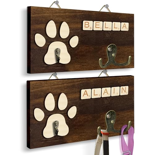 2 Pack Dog Leash Holder Wall Mount, Pet Harness Hanger with Scrabble Letters, Dog Collar Organizer for Entryway, Cat Leash Holder for Wall, Pet Loss Gifts, Keepsake, Home Decor PF218-CBW - color: Style 2 - CB2, size: 7.8″ x 5.5"
