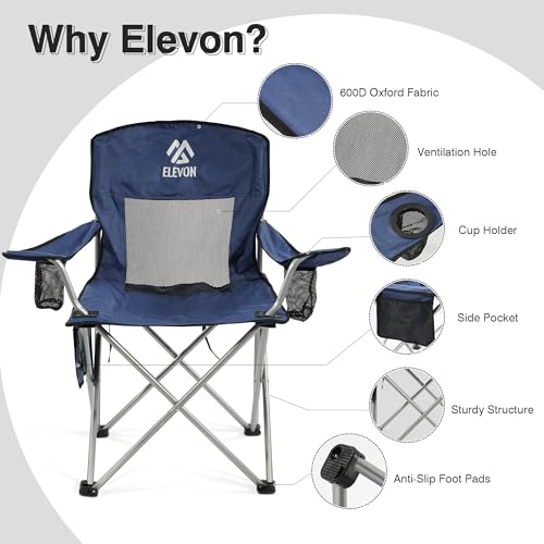 Elevon Camping Chair, Portable Folding Outdoor Chair with Arms, Cup Holder and Carry Bag - color: Navy Blue