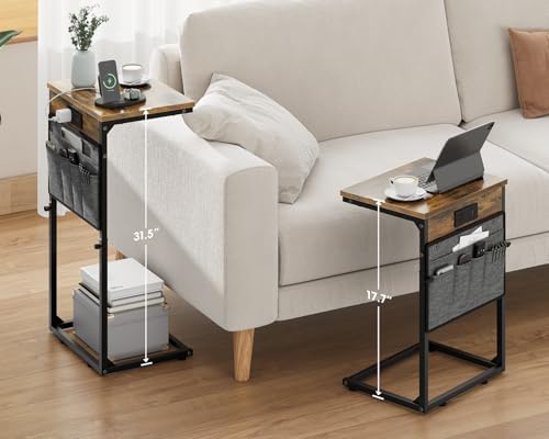 Vagusicc C-Shaped End Table Set of 2, Adjustable Height Side Table for Couch with Charging Station, Tall C Table Slide Under Sofa Table, TV Tray for Living Room, Bedroom, Bedside, Small Space, Brown - color: 2pc Rustic Brown