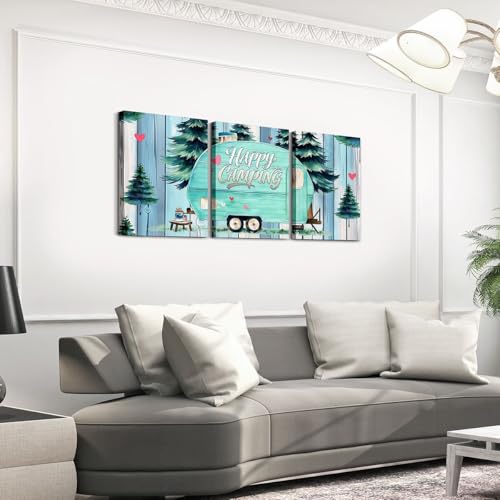 Erosebridal Teal Camper Rv Framed Wall Decor Happy Camping Canvas Wall Art For Bedroom Bathroom Vintage Wooden Plank Paintings Posters 3 Piece 12"X16" Pink Love Heart Pictures Prints - color: Teal Blue Green Pink