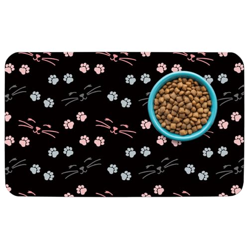 Patterned Cat & Dog Bowl Mat for Food and Water, 17"×30" Quick Dry Absorbent Pet Feeding Mat, Eco-Friendly Dog Placemat - color: A-Black-catpaw, size: Large (17" x 30")
