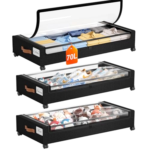 Yecaye 70 L Under Bed Storage with Wheels, 3 Pack Larger Capacity Under Bed Storage Containers, Underbed Shoe Storage Organizer, Rolling Under Bed Metal Drawers for Clothes, Blankets, Black - color: Black, size: Extra Large(3pack)