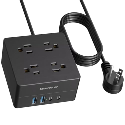 Power Strip, SUPERDANNY 4-Outlet 4-USB Surge Protector, 5 Ft Extension Cord, 900 Joules, Overload Switch, Grounded, Mountable, Desktop Charging Station for Home, Office, School, Dorm, Computer, Black - color: All Black, size: 5ft