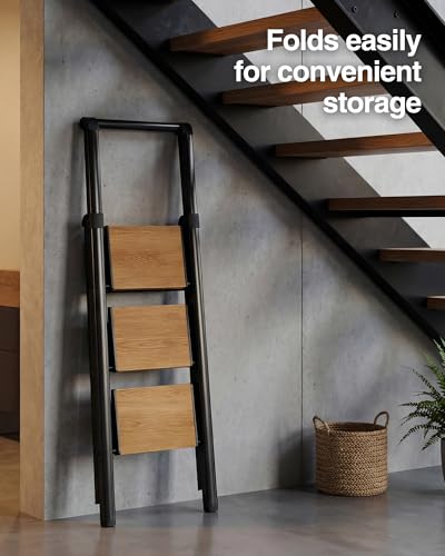 3 Step Ladder,Folding Step Stool with Aluminum Wide Pedal& Convenient Handgrip,330lbs Capacity Steel Ladder for Household and Office(Black &Woodgrain) - color: Black&woodgrain, size: 3 Step
