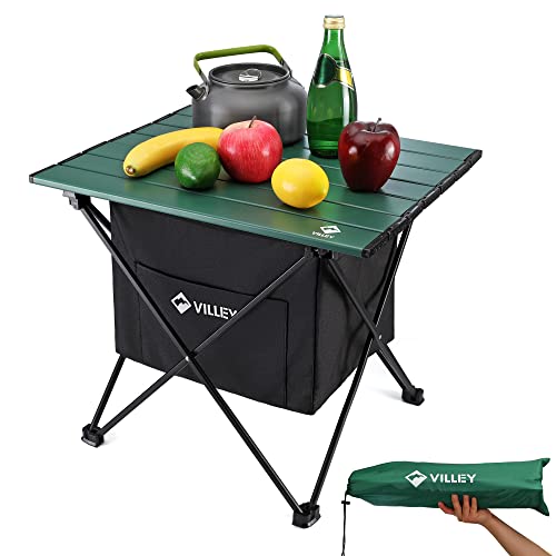 VILLEY Portable Camping Side Table, Ultralight Aluminum Folding Beach Table with Carry Bag and Under-Table Storage Hammock for Outdoor Cooking, Picnic, Camp, Boat, Travel, Large - color: Green, size: Large 24'', style: Camping Table with Storage Bag