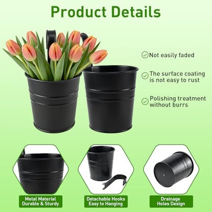 10 Pack Hanging Flower Pots Metal Iron Bucket Planter Railing Planter Flower Holder for Railing Fence Balcony Garden Home Decoration with Detachable Hooks,Black,4 Inches