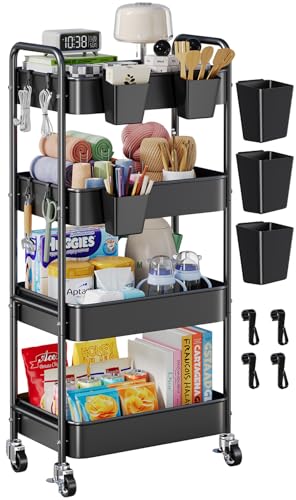 4 Tier Rolling Cart Metal with Wheels, Black Four Tiered Rolling Storage Cart on Wheels, Utility Roller Carts Organizer for Art, Craft, Baby Diaper Caddy, Snack, Book, Large-Capacity Shelving Units - color: Matte Black, size: 4 Tier + Cups + Hooks