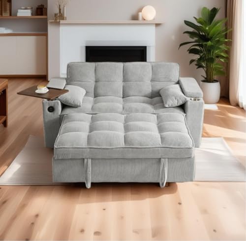 oaaktu ﻿ Large Size Convertible Sleeper Sofa Bed,Polka dot Velvet Pull Out Futon Couch with Storage handrails & Rotating Side Tables,Convertible Sofa Couch for Living Room,RV (Light Gray) - color: Light Gray-a