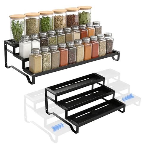 SANKEU Expandable Spice Rack Organizer for Cabinet 3 Tiered Metal Seasoning Organization with Guardrails Spice Shelf Storage for Jars Adjustable Length 13"-21" Black 1Pack - color: Black, size: 1 Pack-3 Tier