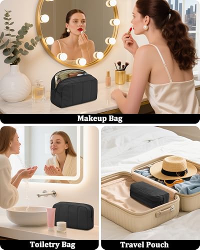 oscaurt Makeup Bag Cosmetic Bag Travel Toiletry Bag for Women Puffy Padded Cosmetic Pouch Purse Wide-open Makeup Organizer Case Travel Essentials - color: Black