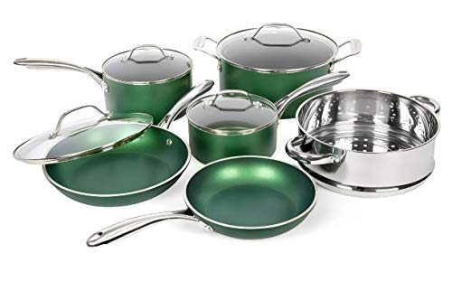 Granitestone Diamond Granite Stone Classic Emerald Pots and Pans Set with Ultra Nonstick Durable Mineral & Diamond Tripple Coated Surface, Stainless Steel Stay Cool Handles, 10 Piece Cookware, Green… - color: Emerald Green