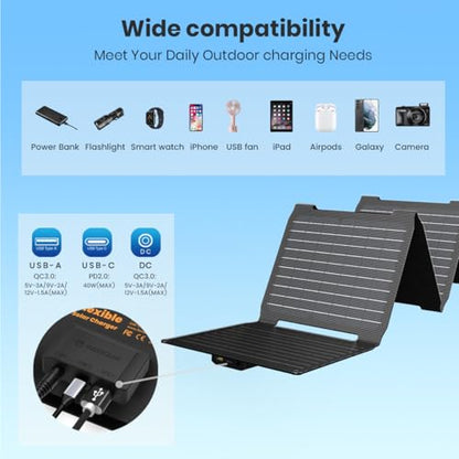 Upgraded FlexSolar 40W Portable Solar Panels Chargers with PD2.0 USB-C,QC3.0 USB-A and DC Outputs Foldable IP67 Waterproof Power Emergency Camping for Small Power Station,Phones, Power Banks - color: 40W