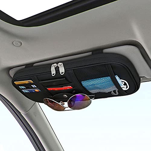 Car Sun Visor Organier Truck SUV Sun Visor Storage Pocket Pouch Holder, Multi-Pocket PU Leather with Zipper Net, for Cards Pens Sunglasses Document (Black) - color: Black