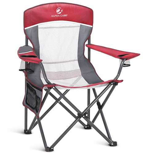 ALPHA CAMP Heavy Duty Camping Chair 500LBS Capacity, Oversized Folding Chair for Heavy People, Padded Portable Outdoor Chair with Cooler Bag & Cup Holder for Camping, Fishing, Beach - color: Red, size: 1PC
