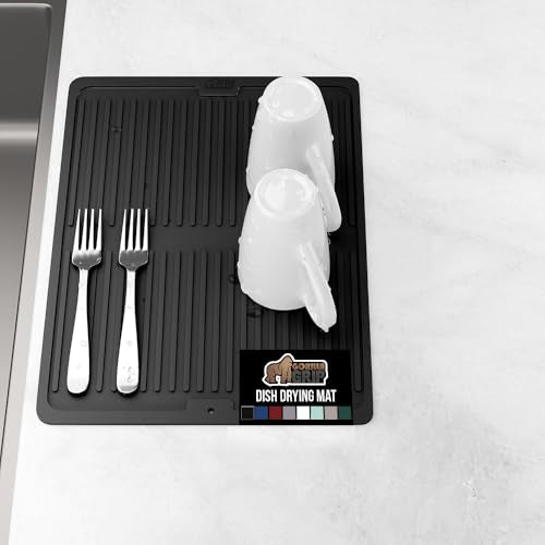 GORILLA GRIP 100% BPA-Free Patented Silicone Dish Drying Mat for Kitchen Counter, Water Catching Ribbed Design, Easy Clean Waterproof Sink Liner, Heat Resistant, Fits Under Rack, 11x13 Inch, Black - color: Black, size: 13" X 11", style: Silicone
