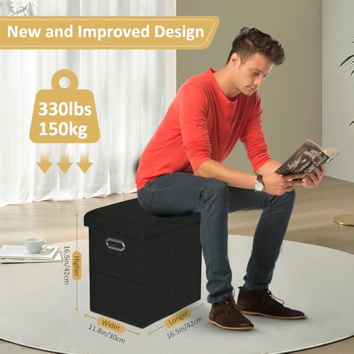 Tall Ottoman with Storage Collapsible Fabric Small Slim Folding Ottoman Furniture with Handles Lid for Room Footrest Foot Stool Linen Black 16.5x16.5x11.8in - color: Black