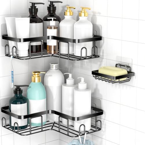 Moforoco Corner Shower Caddy Shelf Organizer Rack, Self Adhesive Black Bathroom Shelves Basket, Home Wall Shower Inside Organization and Storage Decor RV Accessories, First Apartment Essentials - color: Black