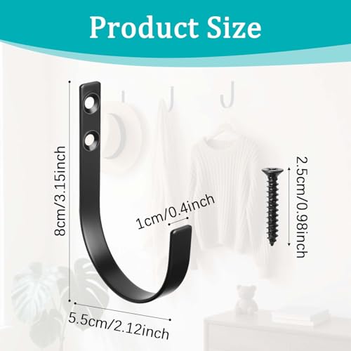 6 Pack Wall Hooks for Hanging, Heavy Duty Metal j Hooks Wall Mounted, No Rust Black Metal Coat Hooks for Living Room, Bathroom, Kitchen, Bedroom, Entryway for Coat, Bag, Hat, Towel, Key, Cup(Black)