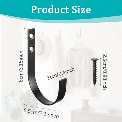 6 Pack Wall Hooks for Hanging, Heavy Duty Metal j Hooks Wall Mounted, No Rust Black Metal Coat Hooks for Living Room, Bathroom, Kitchen, Bedroom, Entryway for Coat, Bag, Hat, Towel, Key, Cup(Black)
