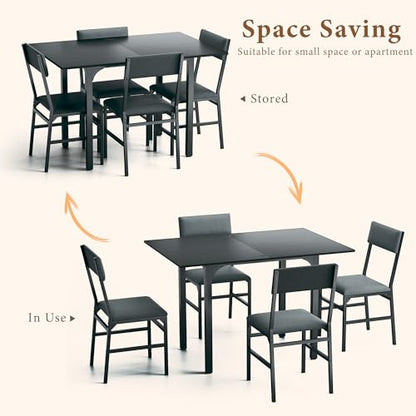 HUAHUU Dining Table Set for 4, Extendable Kitchen Table Cushion Chairs Set of 4, Rectangle Dining Table with Metal Frame & MDF Board, Folding for Small Apartment Saving Space, Black - color: Black