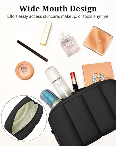 oscaurt 2 Pcs Makeup Bag Travel Toiletry Bag for Women Puffy Padded Cosmetic Pouch Purse Wide-open Makeup Organizer Case Travel Essentials - color: Black-Set