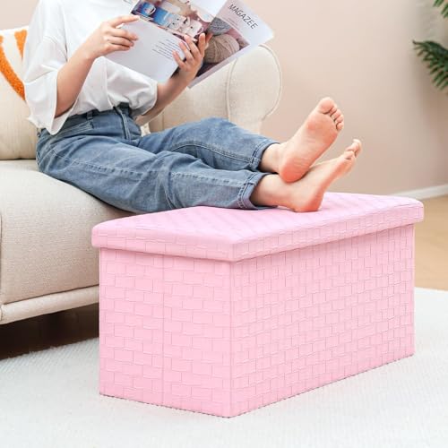 B FSOBEIIALEO Folding Storage Ottoman, Faux Leather Footrest Seat Long Shoes Bench Box Chest, Pink 30"x15"x15" - color: Pink, size: Large