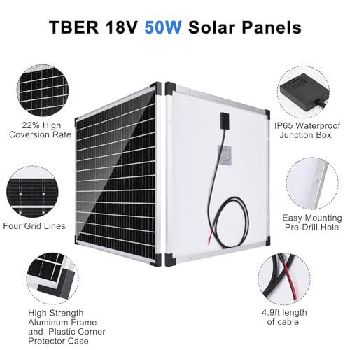 TBER 50W/12V Solar Panel Kit with 10A Charge Controller, Monocrystalline Solar Battery Trickle Charger Maintainer for Automotive Motorcycle Boat Marine RV Camping RV Farm Other Off-Grid Applications - size: 50W