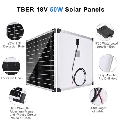 TBER 50W/12V Solar Panel Kit with 10A Charge Controller, Monocrystalline Solar Battery Trickle Charger Maintainer for Automotive Motorcycle Boat Marine RV Camping RV Farm Other Off-Grid Applications - size: 50W