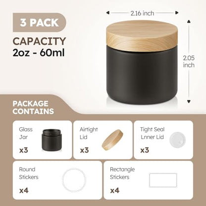 2 oz Matt Black Glass Jars with Lids, 3 Pack Small Glass Containers with Plastic Woodgrain Lids & Inner Liners, Empty Reusable Airtight Cosmetic Containers for Tea, Coffee, Creams, Lotion, Spice - color: Black