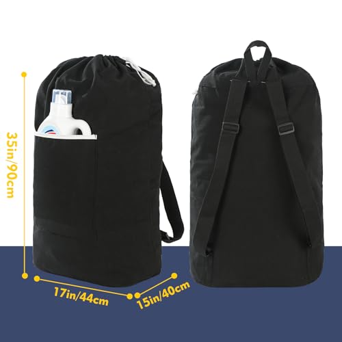 Canvas Laundry bag, Washable Laundry backpack, Adjustable Straps, Large Front Pocket, Drawstring Closure (BLACK, XX-Large) - color: BLACK, size: XX-Large
