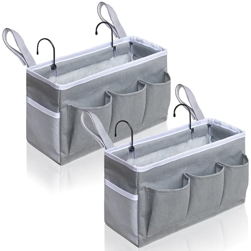Kanrichu Bedside Caddy Hanging Storage Bag, Organizer Baskets with Pockets for Bunk Bed Accessories, Loft & Dorm Rooms Chair Bed Rails (Gray) - color: Gray-2pcs