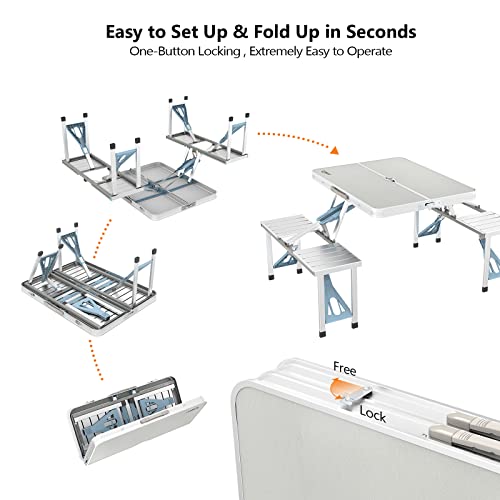 VINGLI 4Ft Folding Camping Picnic Table with Seats/Umbrella Hole-265 Lbs Support that Lightweight and Fold Up Card Suitcase Table Aluminum Alloy Frame, RV Tabletop with Soft Handl - color: White