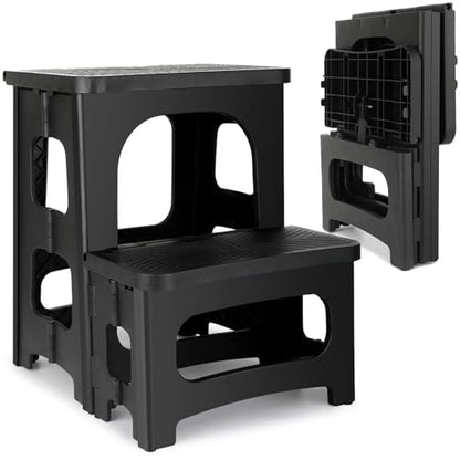 2 Step Folding Stool Non Slip 250 lb Capacity Foldable Step Stool 8 and 17 Inch Dual Height Portable Foot Stool for Kitchen Bathroom Black