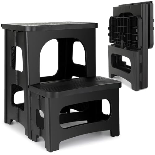 2 Step Folding Stool Non Slip 250 lb Capacity Foldable Step Stool 8 and 17 Inch Dual Height Portable Foot Stool for Kitchen Bathroom Black