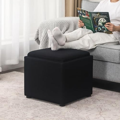 Adeco Square Storage Ottoman with Reversible Tray Top, 17-inch Linen Cube Footrest & Coffee Table for Living Room, Bedroom & Small Spaces, Black - color: Black With Tray