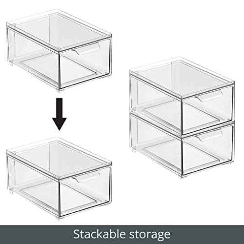 mDesign Plastic Bathroom Organizer Bin w/Pull Out Drawer - Slim Stackable Storage Container for Bathroom Accessories - Perfect for Organizing Bathroom Cabinet - Lumiere Collection - 4 Pack - Clear - size: ‎8x 6 x 4 (Pack of 4)
