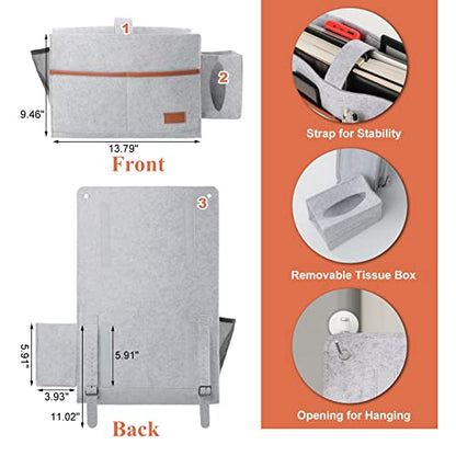 Surblue Bedside Caddy Felt Bed Storage Organizer Hanging Bag with Tissue Box and Water Bottle Pocket for Mattress, Sofa, Bunk Bed, Light Gray - color: Light Gray
