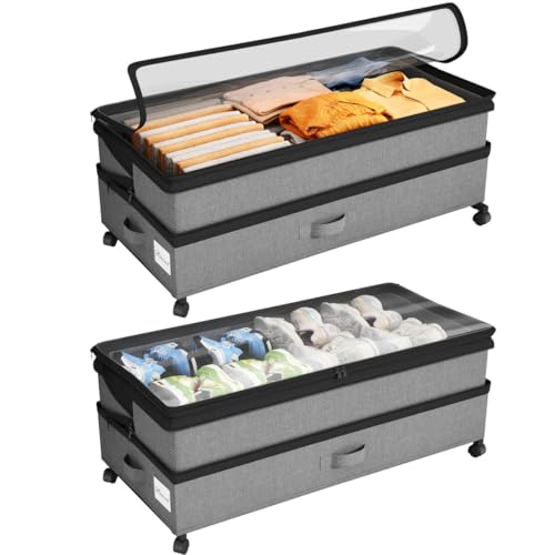 Kitstorack Under Bed Storage with Wheels 2Pack Height-adjustable Under Bed Storage Containers,Under Bed Shoe Storage Organizer with Clear Window&Label, Suitable for Clothes Storage, Gray - color: Grey, size: 2 Pack