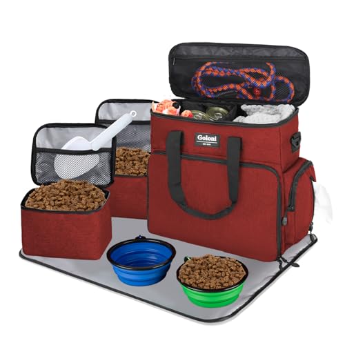 Dog Travel Bag Airline Approved–Pet Travel Tote with Collapsible Bowls,Food Containers & Feeding Mat–Multi-Pocket Organizer for Dogs & Cats, Durable & Water-Resistant for Hiking,Trips,Outdoors - color: Red