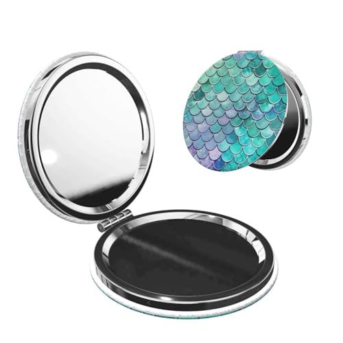 Mermaid Fish Scales Print Foldable Travel Pocket Mirror Round PU Leather Portable Mini Makeup Double Sided Handheld Magnifying,2.6 in - color: Mermaid Fish Scales