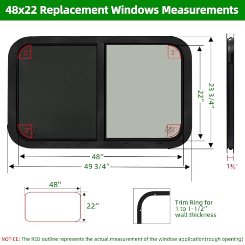 NOVINO Cargo Trailer Windows,48" Wx22 H RV Windows for Cargo Trailer/Camper/Travel Trailer with Trim Ring,Horizontal Sliding Replacement Fit 15/16" or 1-3/8" Thick Wall,Allow Error 1/16”,DOT Approved - size: 48"W x 22"H