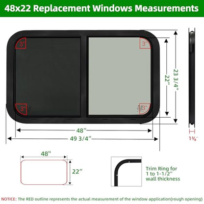 NOVINO Cargo Trailer Windows,48" Wx22 H RV Windows for Cargo Trailer/Camper/Travel Trailer with Trim Ring,Horizontal Sliding Replacement Fit 15/16" or 1-3/8" Thick Wall,Allow Error 1/16”,DOT Approved - size: 48"W x 22"H