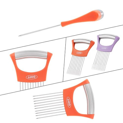 2PCS Onion Slicer Holder, JJOO Stainless Steel Onion Cutter for Slicing and Storage Onions, Tomato, Eggs and Vegetables, Protective Cover Included, Dishwasher Safe (Stylish orange+ Purple Color)